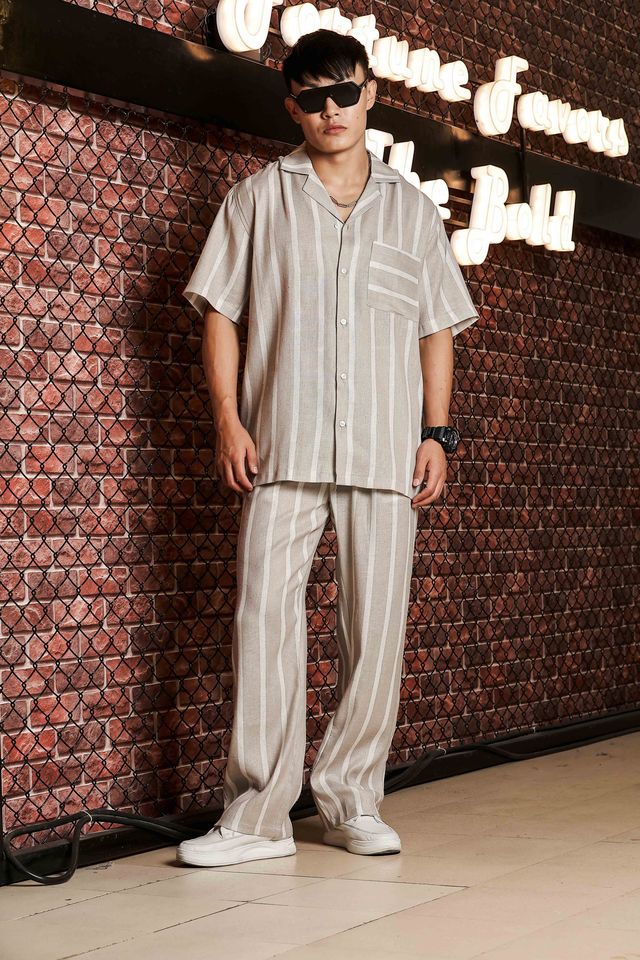 Beige & White Striped Linen Blend Gurkha Trousers