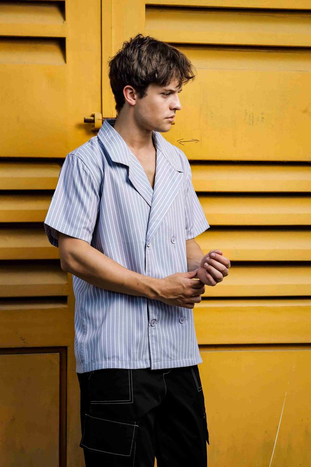 Textured Grey Stripe Korean Notched Lapel Collar Resort Shirt