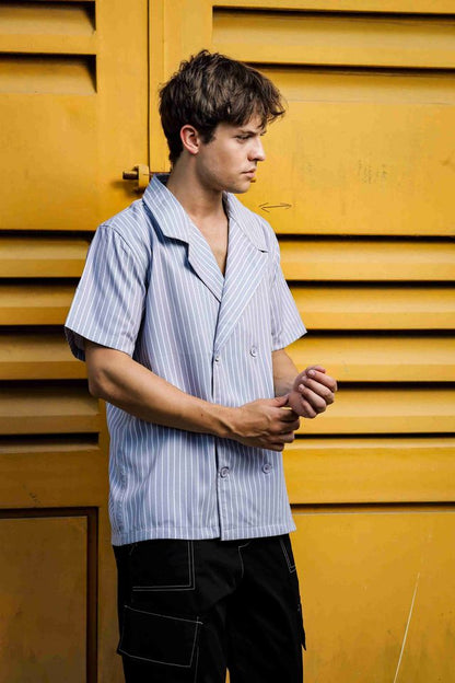 Textured Grey Stripe Korean Notched Lapel Collar Resort Shirt