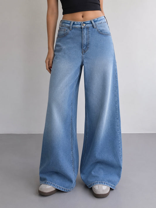 Luxe Frost Blue Washed Stretchable Wide Leg Jeans
