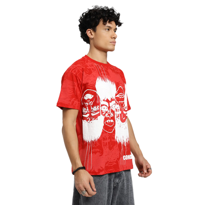 Static Jungle Round Neck Printed Red T-Shirt FLYAF