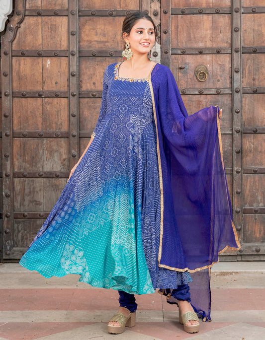 Blue Bandhani Ombre Suit Set
