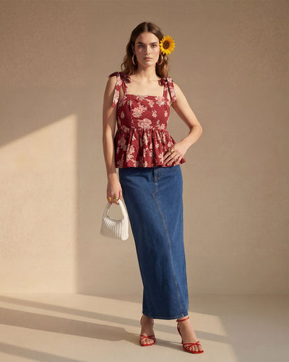 Red Floral Cotton Peplum Top