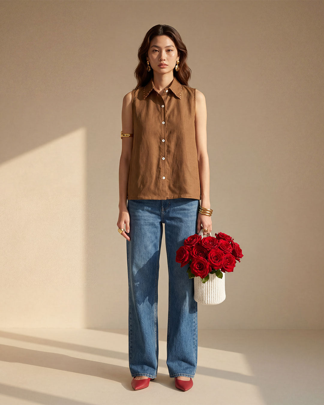 Brown Sleeveless Linen Shirt