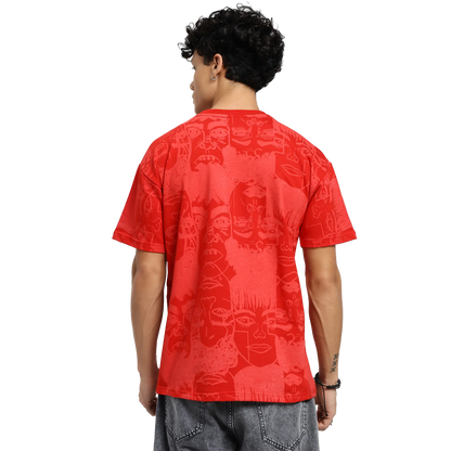 Static Jungle Round Neck Printed Red T-Shirt FLYAF