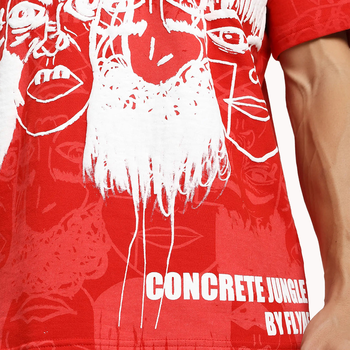 Static Jungle Round Neck Printed Red T-Shirt FLYAF
