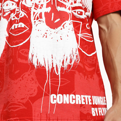 Static Jungle Round Neck Printed Red T-Shirt FLYAF
