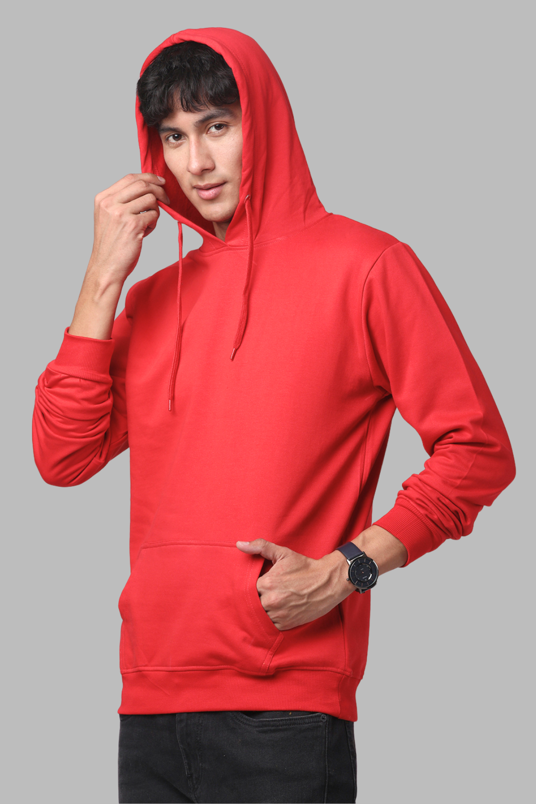 Cotton Solid Red Hoodie