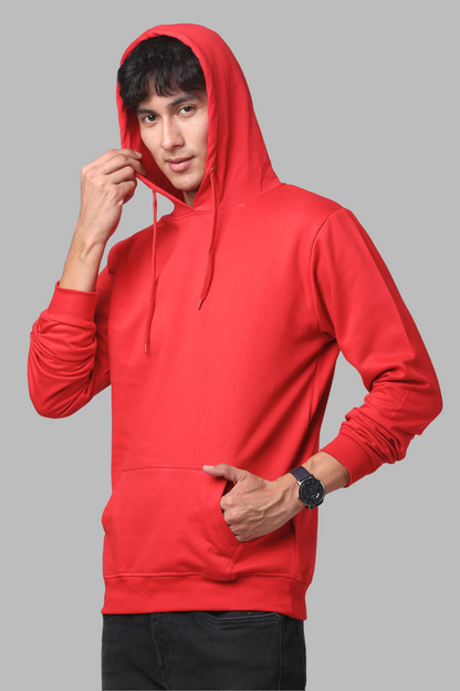 Cotton Solid Red Hoodie
