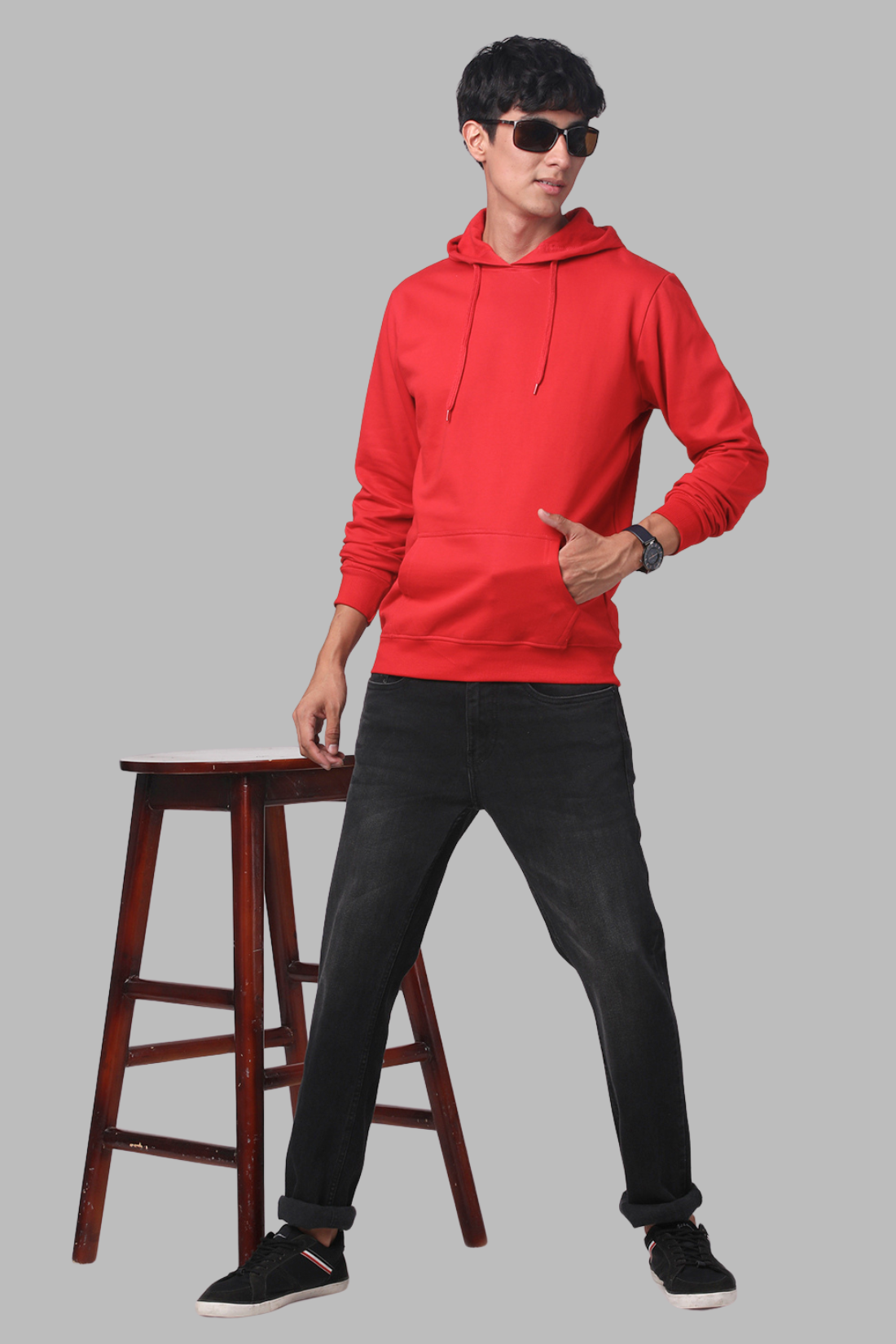 Cotton Solid Red Hoodie