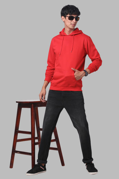 Cotton Solid Red Hoodie