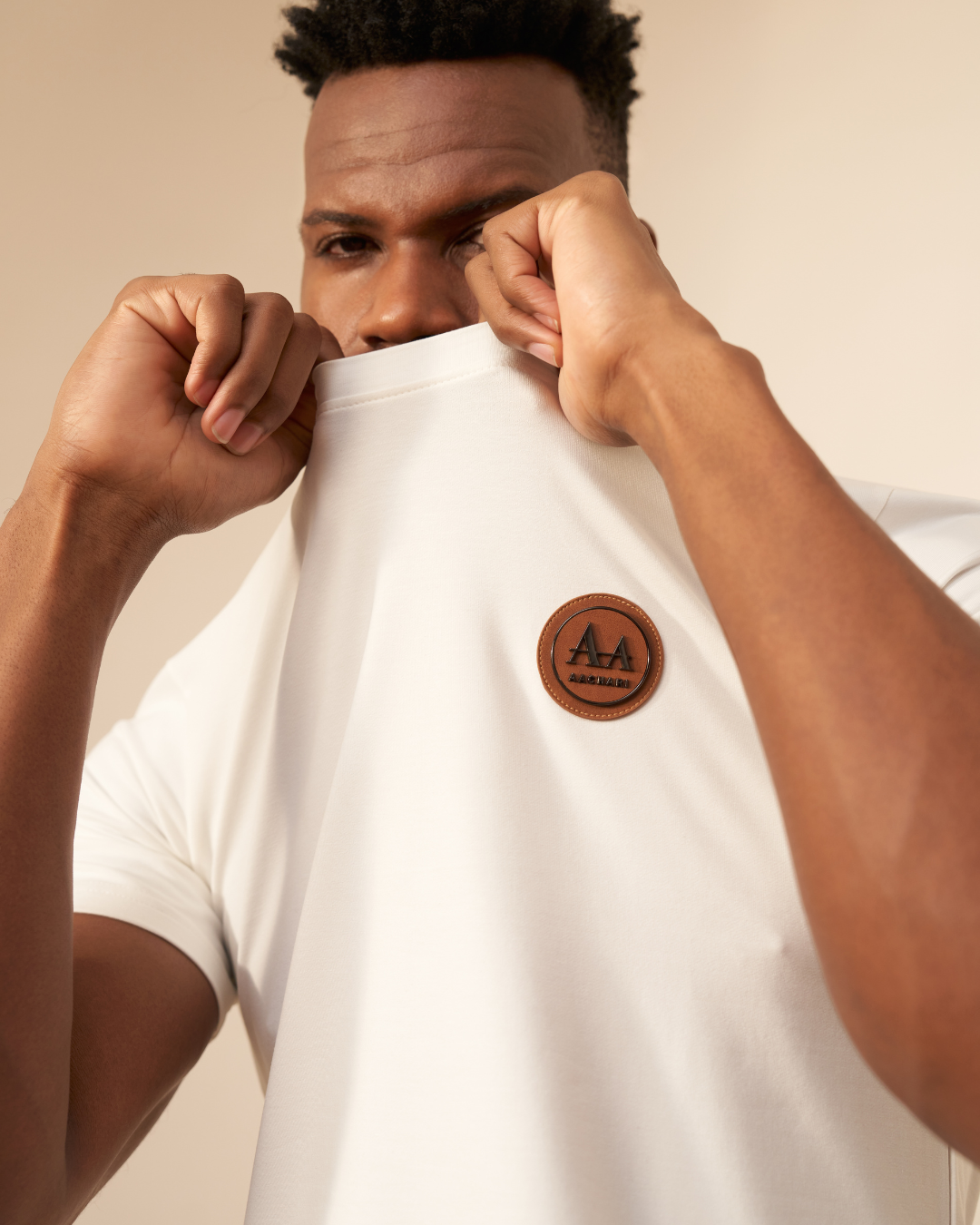 White T-Shirt with Brown Accent Aachari