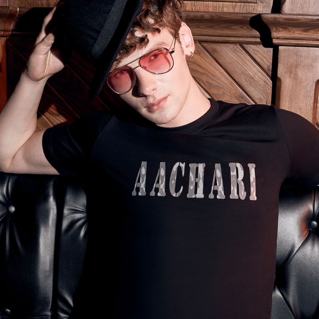 Aachari Men's Casual Black T-shirt Aachari