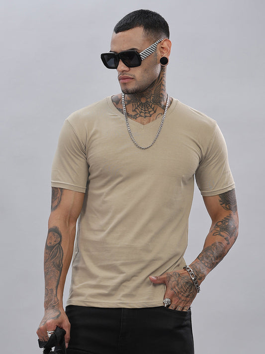 Solid Cotton V Neck T-Shirt