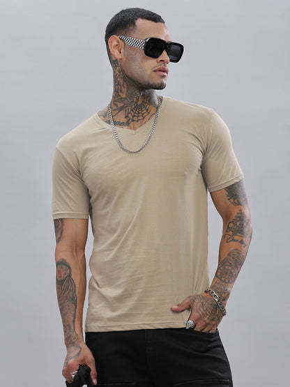 Solid Cotton V Neck T-Shirt
