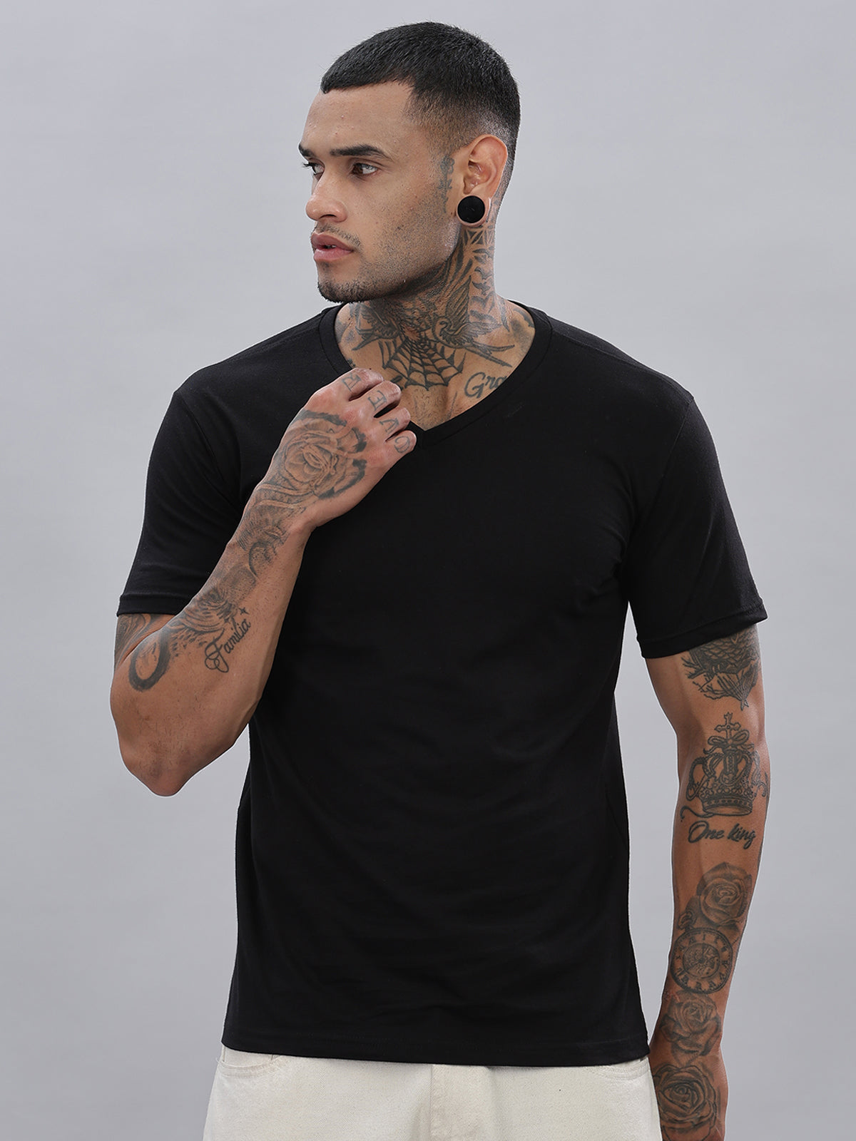 Solid Cotton V Neck T-Shirt