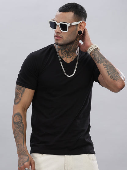 Solid Cotton V Neck T-Shirt