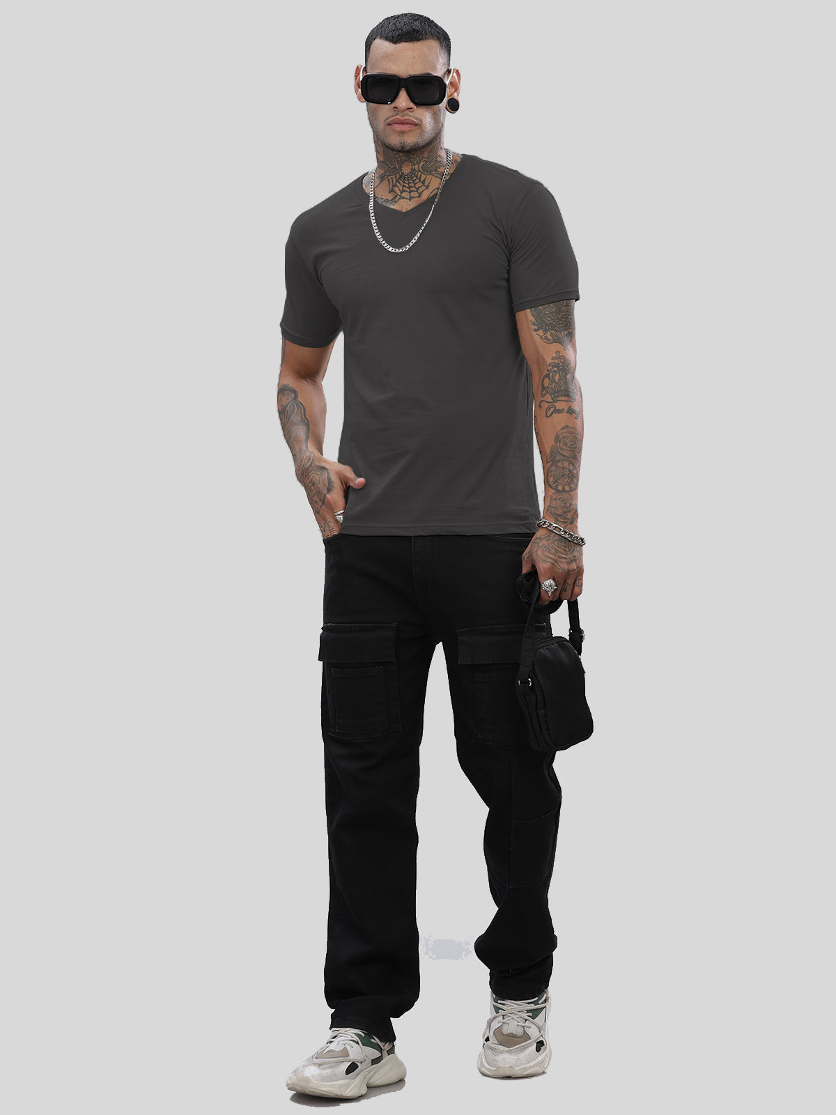 Solid Cotton V Neck T-Shirt