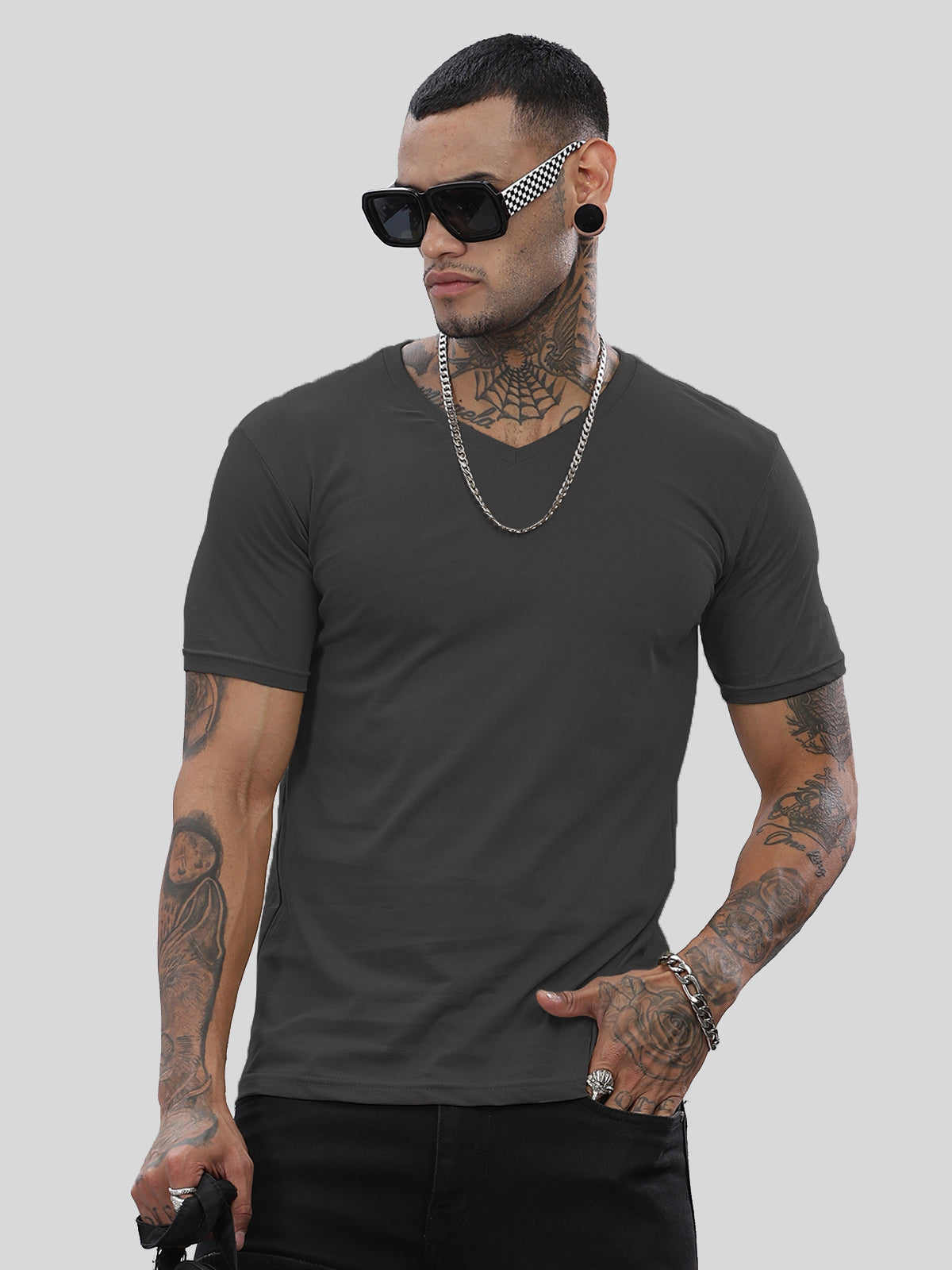 Solid Cotton V Neck T-Shirt