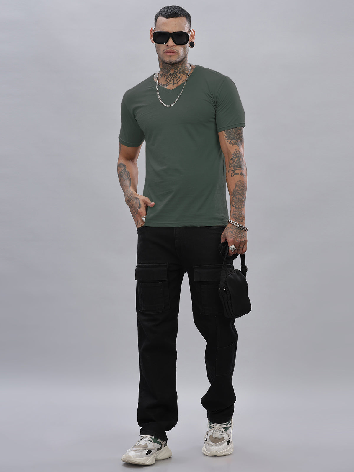 Solid Cotton V Neck T-Shirt