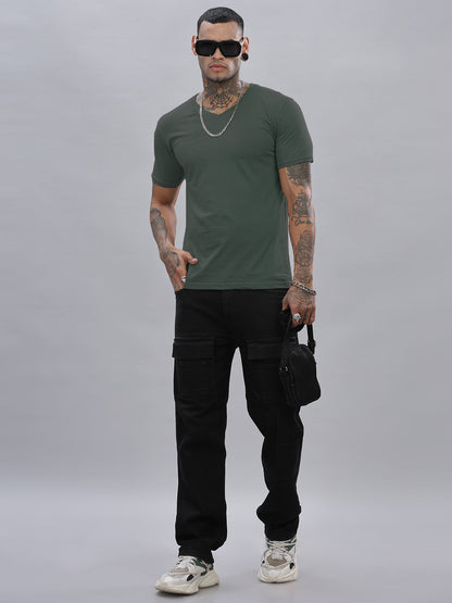 Solid Cotton V Neck T-Shirt