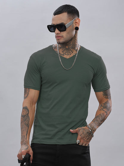 Solid Cotton V Neck T-Shirt