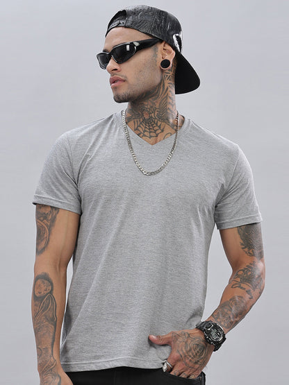 Solid Cotton V Neck T-Shirt