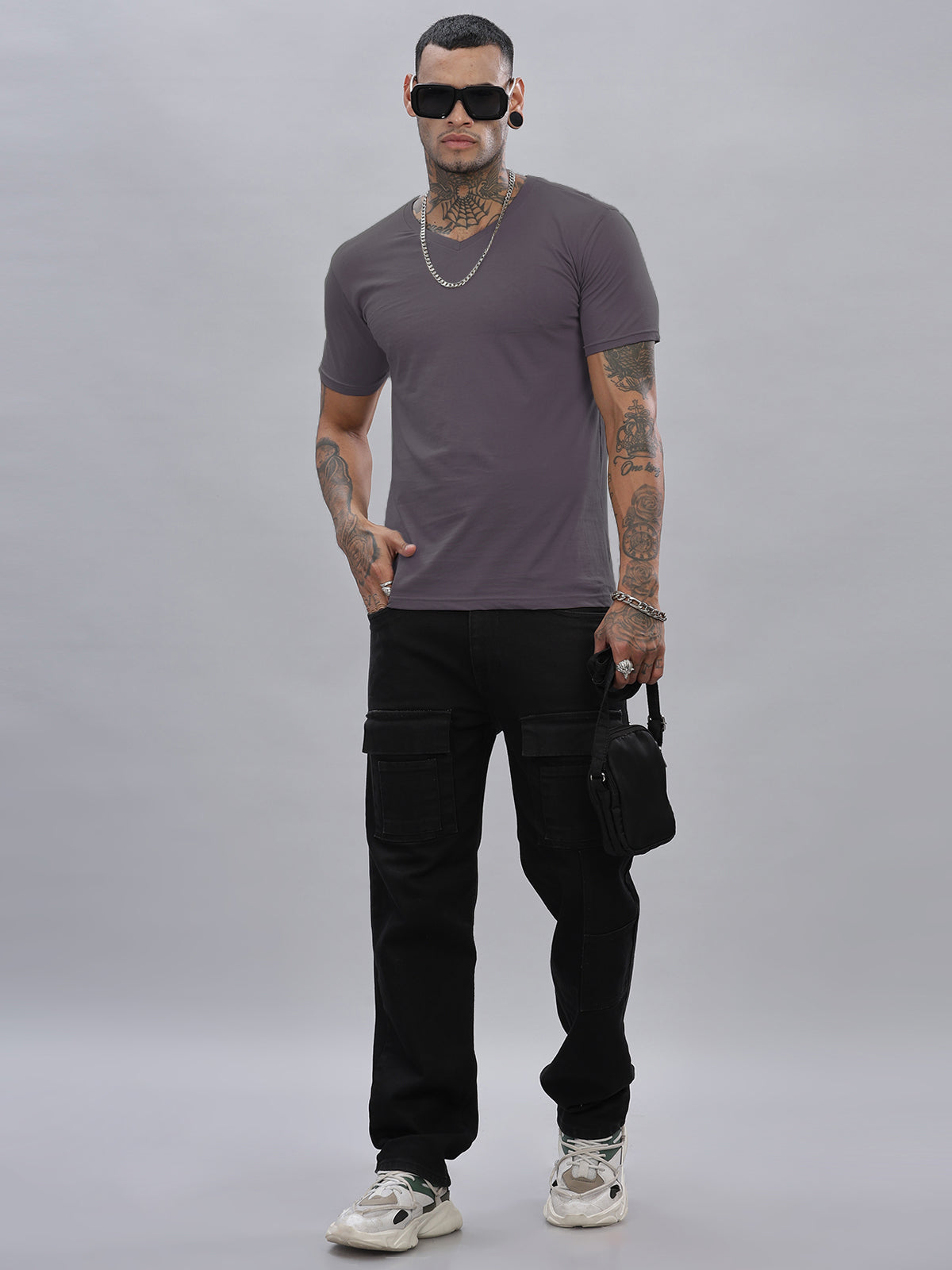 Solid Cotton V Neck T-Shirt