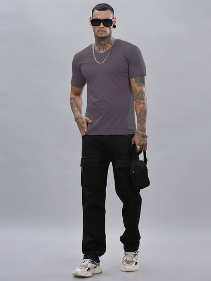 Solid Cotton V Neck T-Shirt