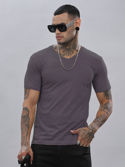 Solid Cotton V Neck T-Shirt