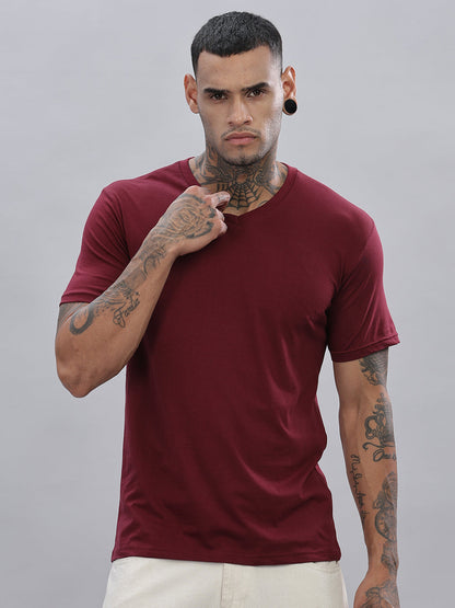 Solid Cotton V Neck T-Shirt