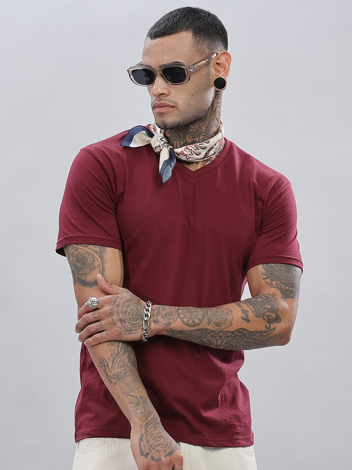 Solid Cotton V Neck T-Shirt