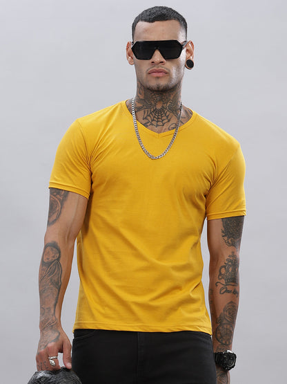 Solid Cotton V Neck T-Shirt