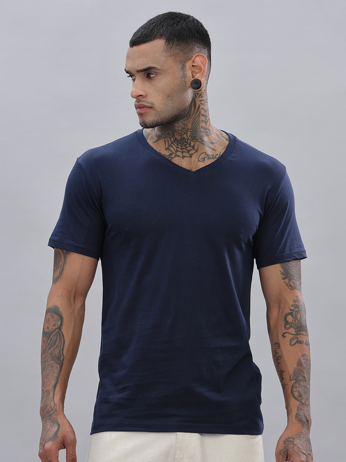 Solid Cotton V Neck T-Shirt