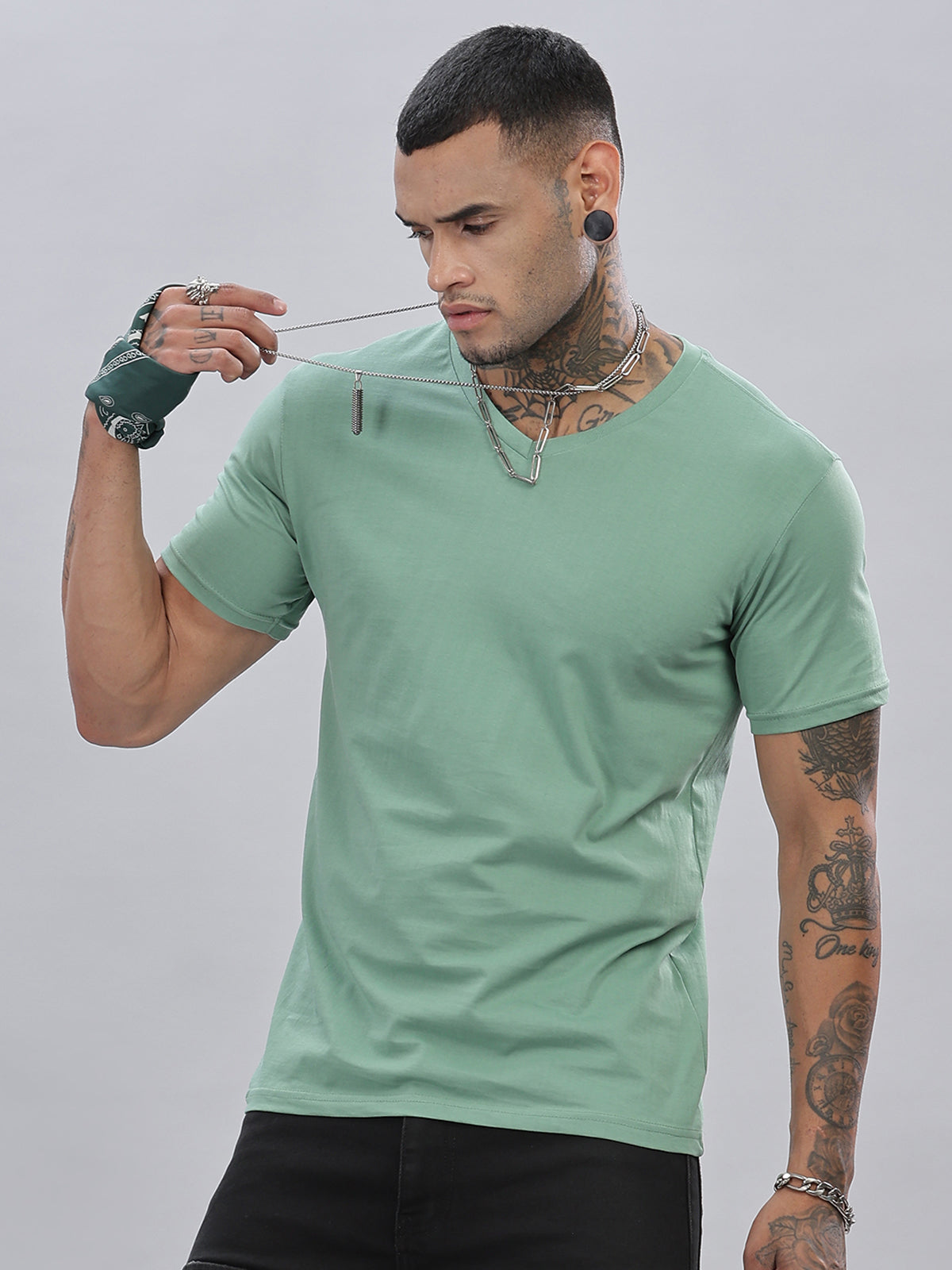 Solid Cotton V Neck T-Shirt