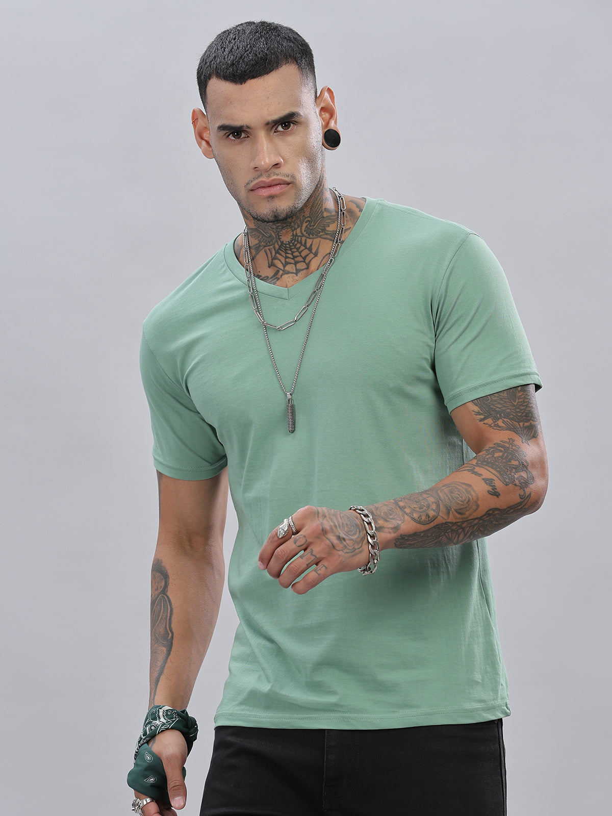 Solid Cotton V Neck T-Shirt