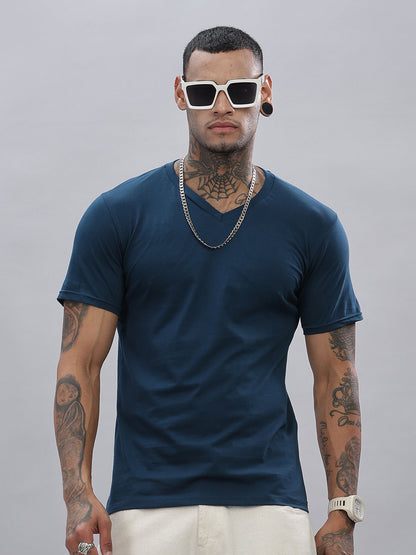 Solid Cotton V Neck T-Shirt