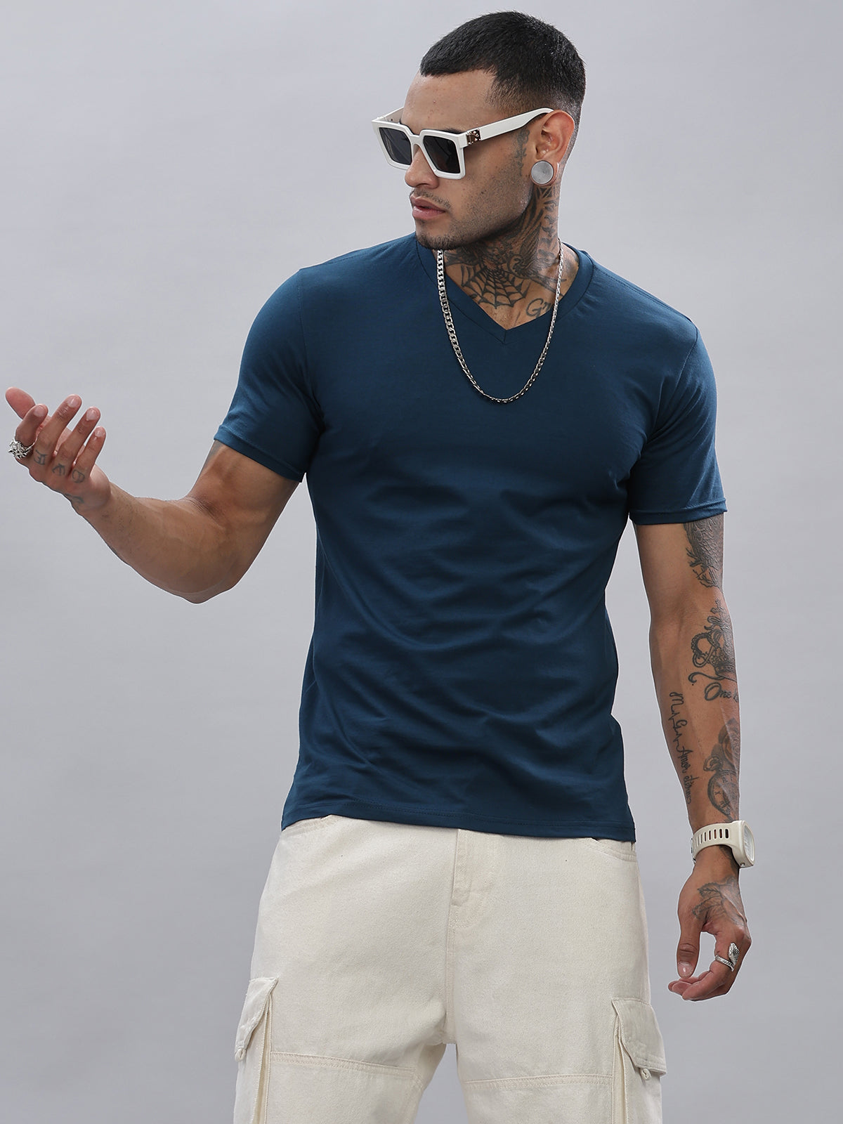 Solid Cotton V Neck T-Shirt