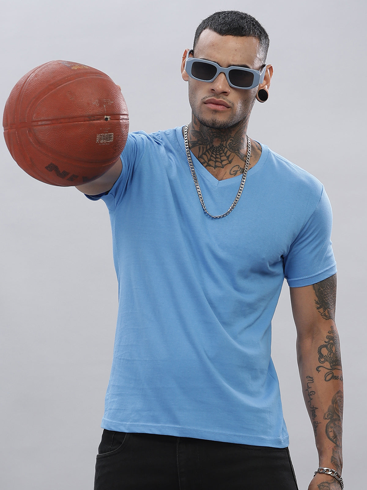 Solid Cotton V Neck T-Shirt