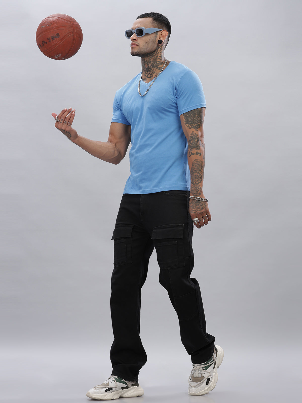 Solid Cotton V Neck T-Shirt