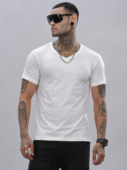 Solid Cotton V Neck T-Shirt