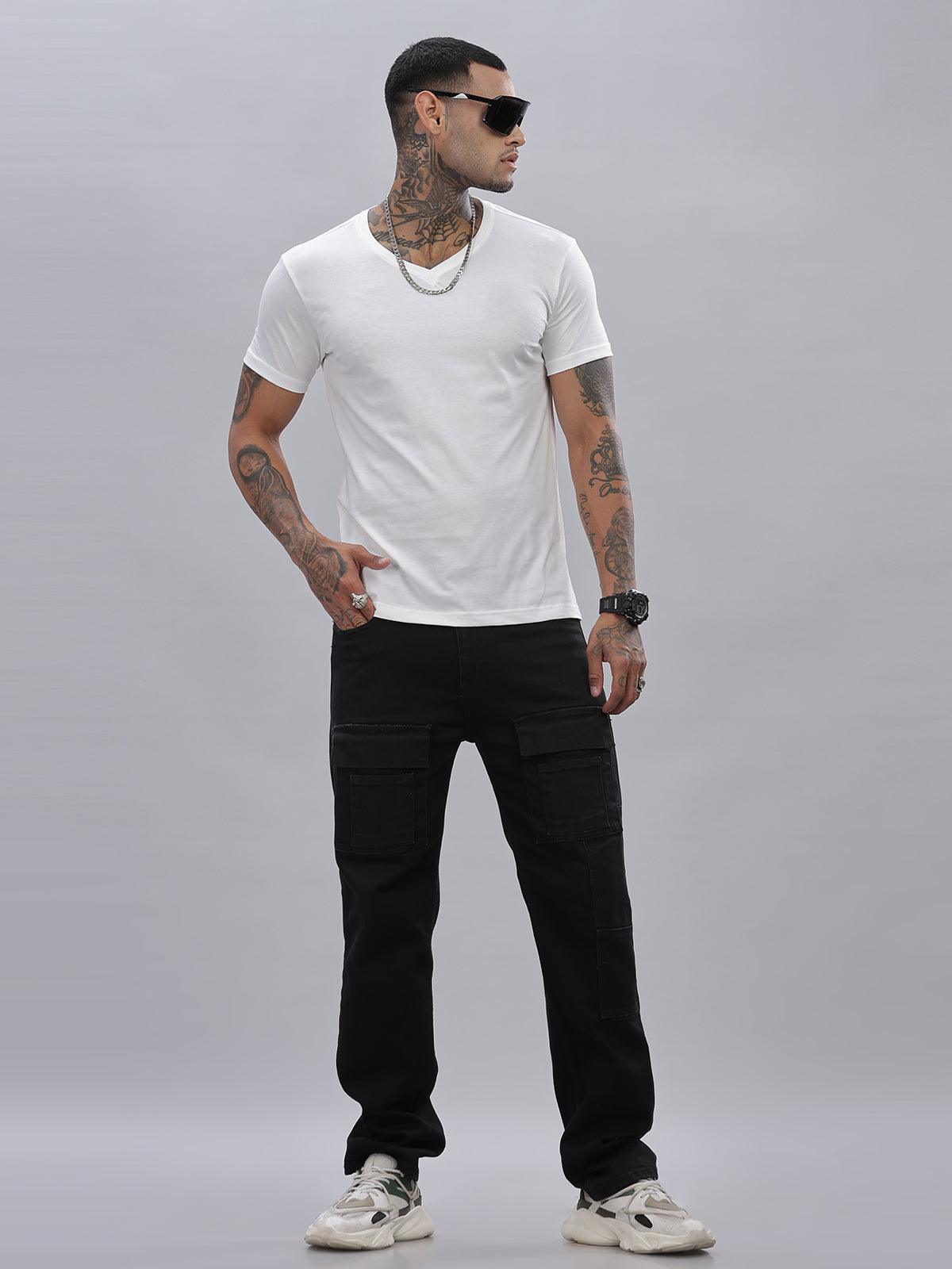 Solid Cotton V Neck T-Shirt