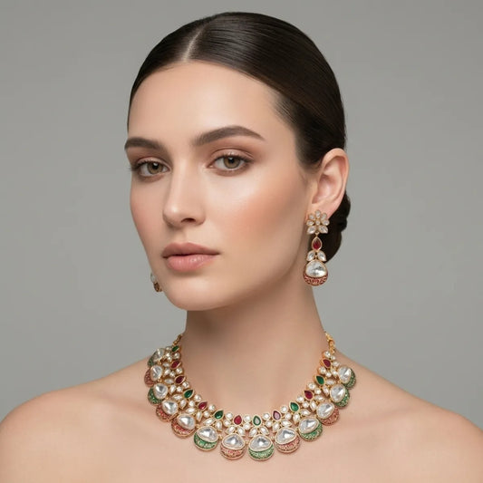 Gold Kundan Meenakari Floral Necklace And Earrings Set For Women