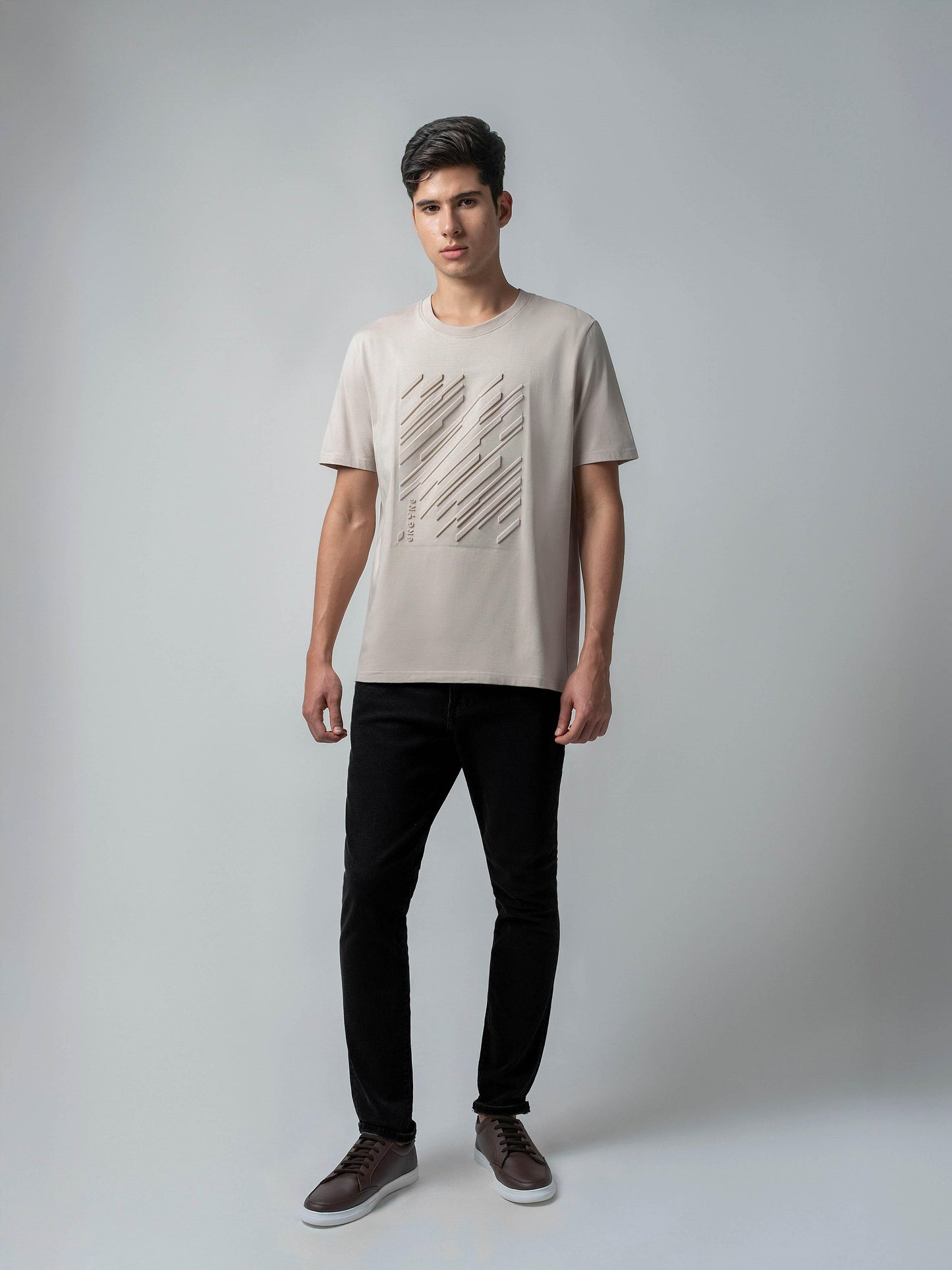 Rougen Cotton Lycra Embossed Mens Sand T Shirt