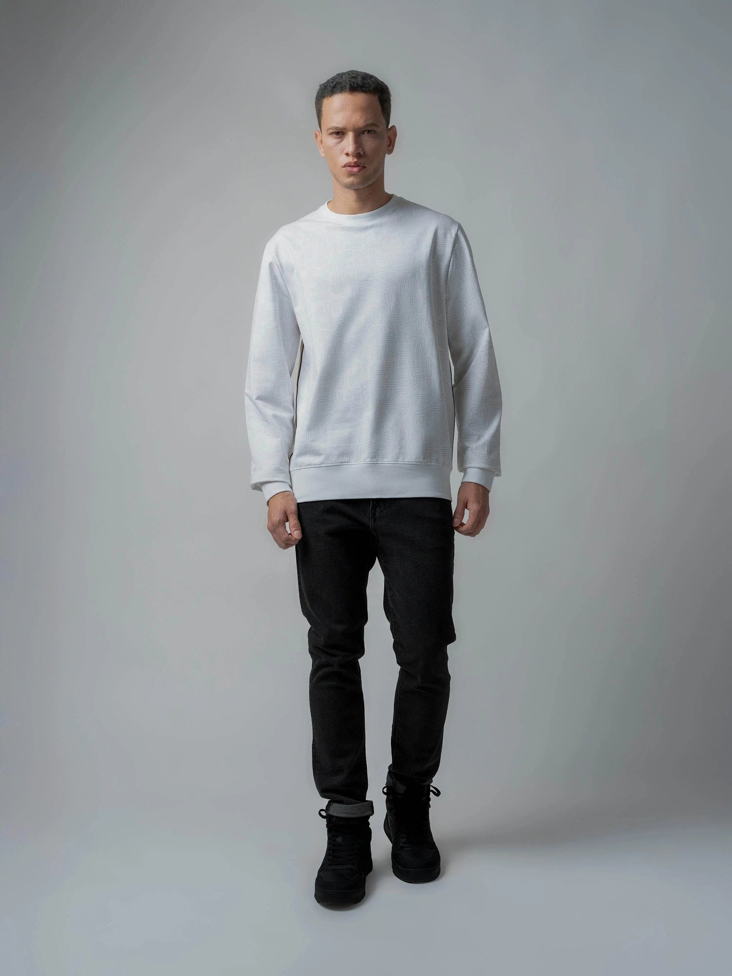 White Crew Neck Sweatshirt with Prints and Side Flag Tape