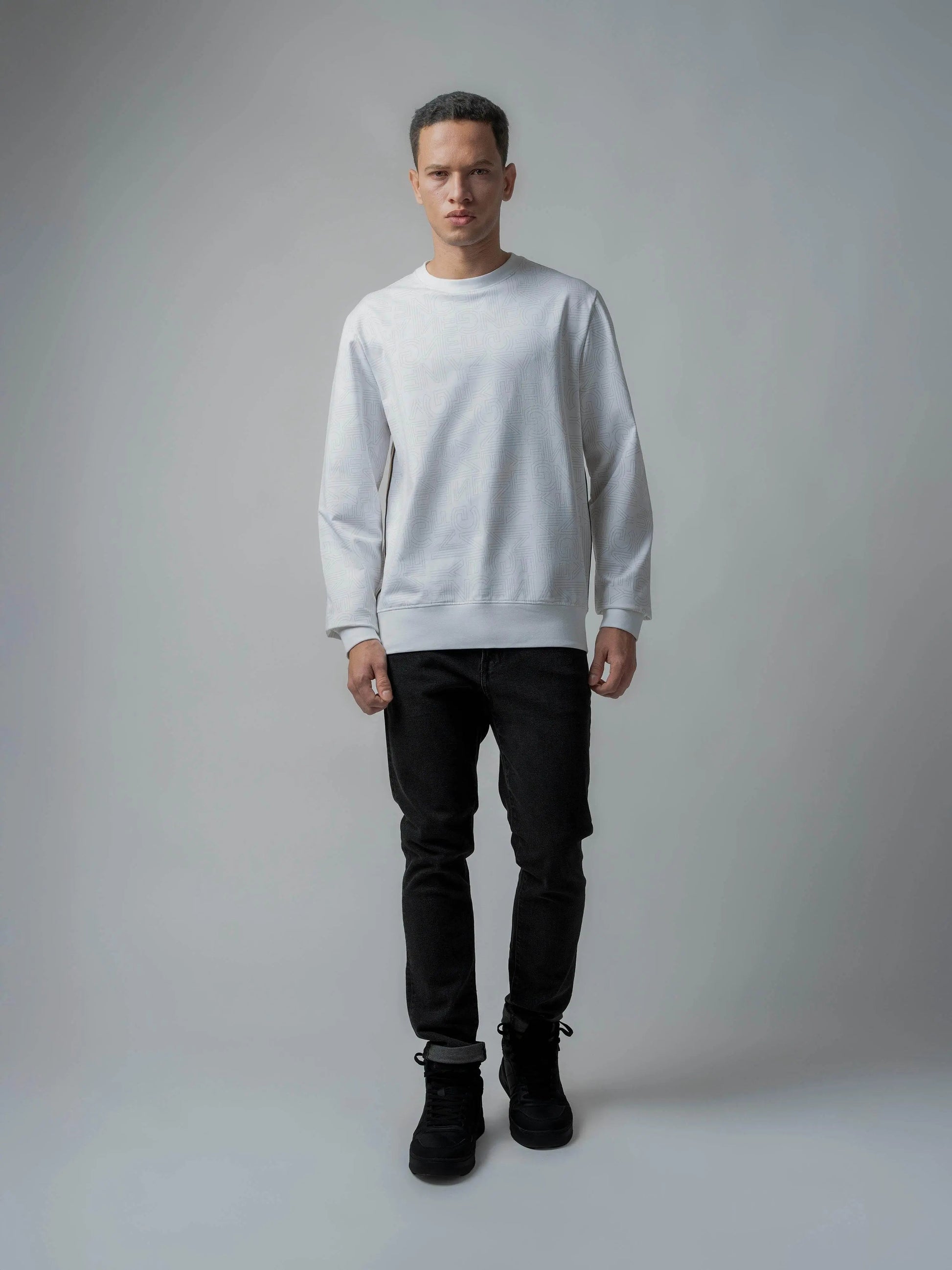 White Crew Neck Sweatshirt with Prints and Side Flag Tape