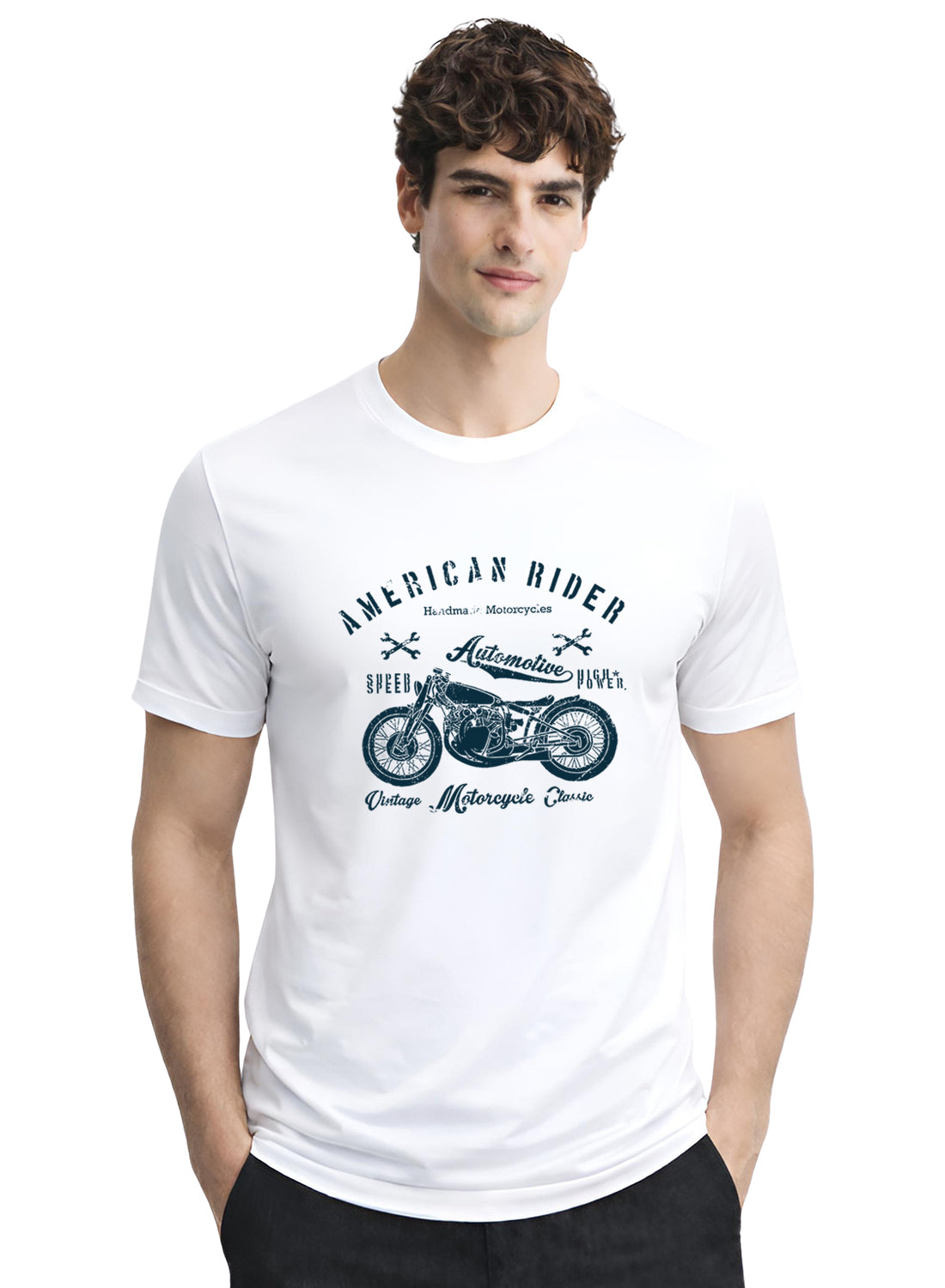 Adro Mens American Rider Printed T-Shirt | 100% Cotton T shirt for Bikers | Stylish Casual Tee Summer Regular Fit Biker Tshirt White
