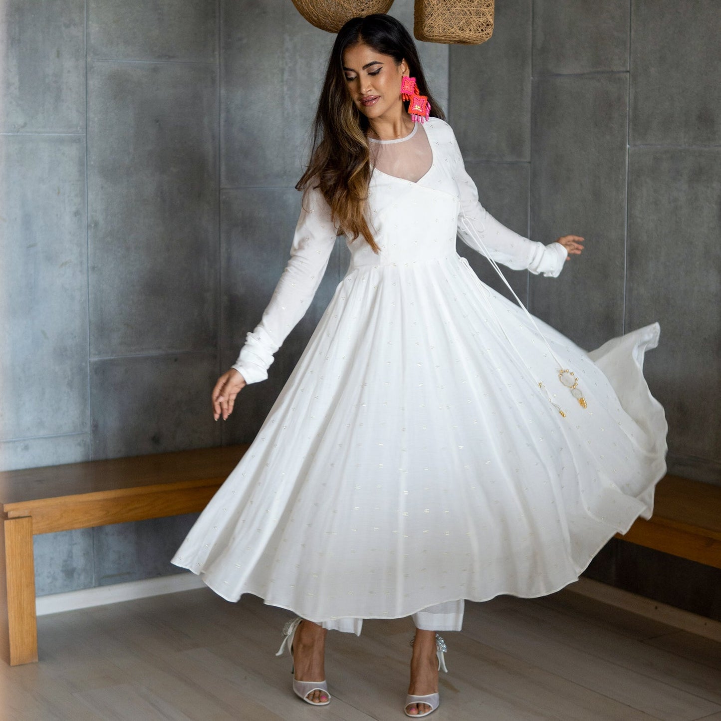 White Mughal Aangrakha Kurta Set