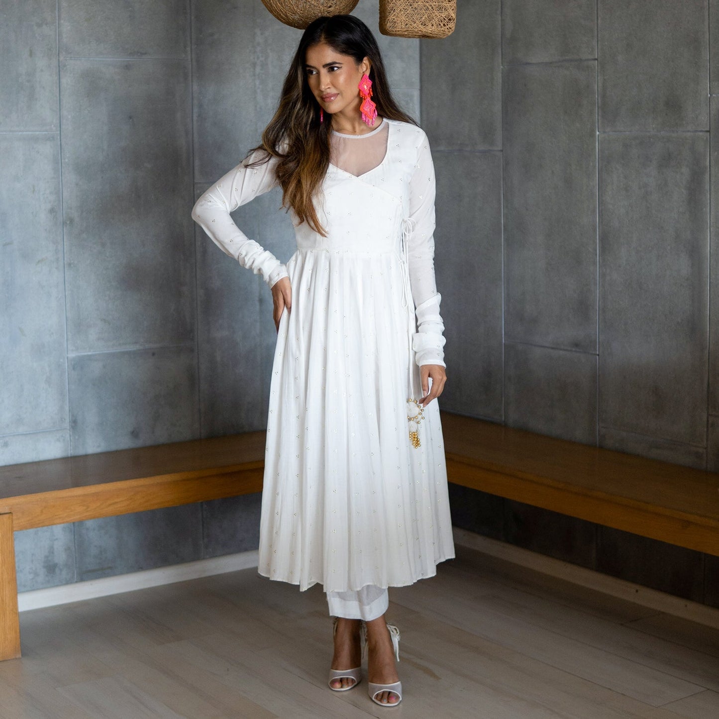 White Mughal Aangrakha Kurta Set