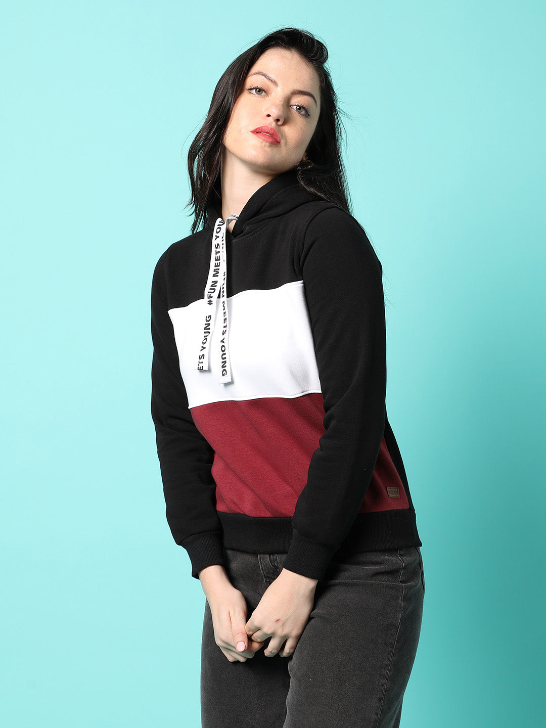 Colourblock Hoodie With Ribbed Hem